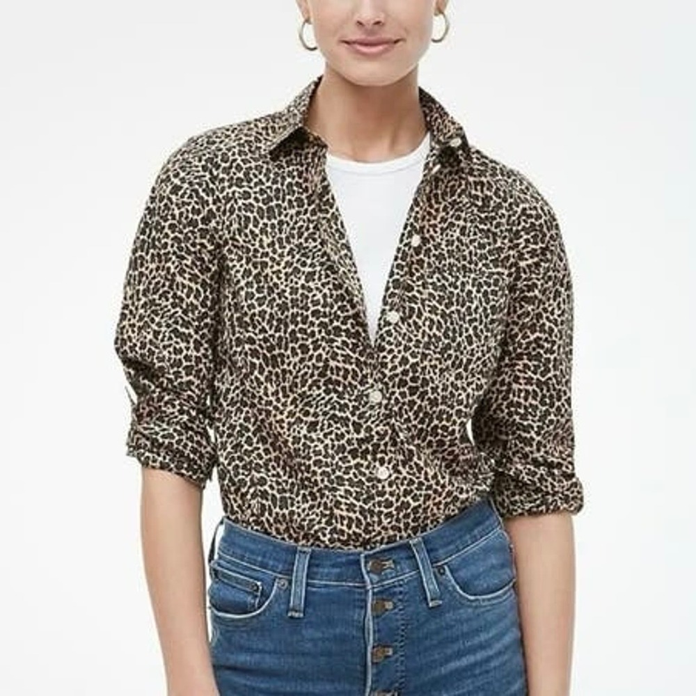 J. Crew Factory Leopard Print Button-Down Shirt in Brown and Cream